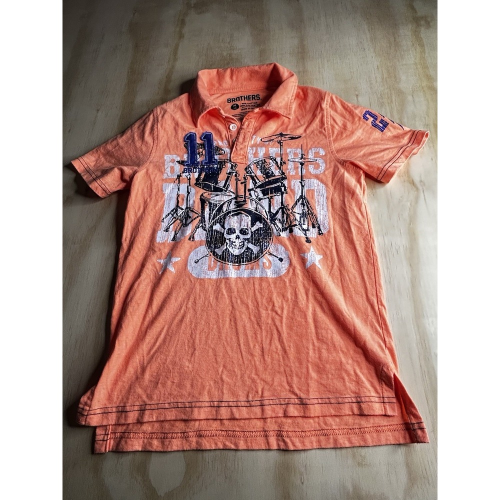 Brothers Boys Orange Graphic Polo Shirt  10 Medium Drum Skull Rock Short Sleeve
